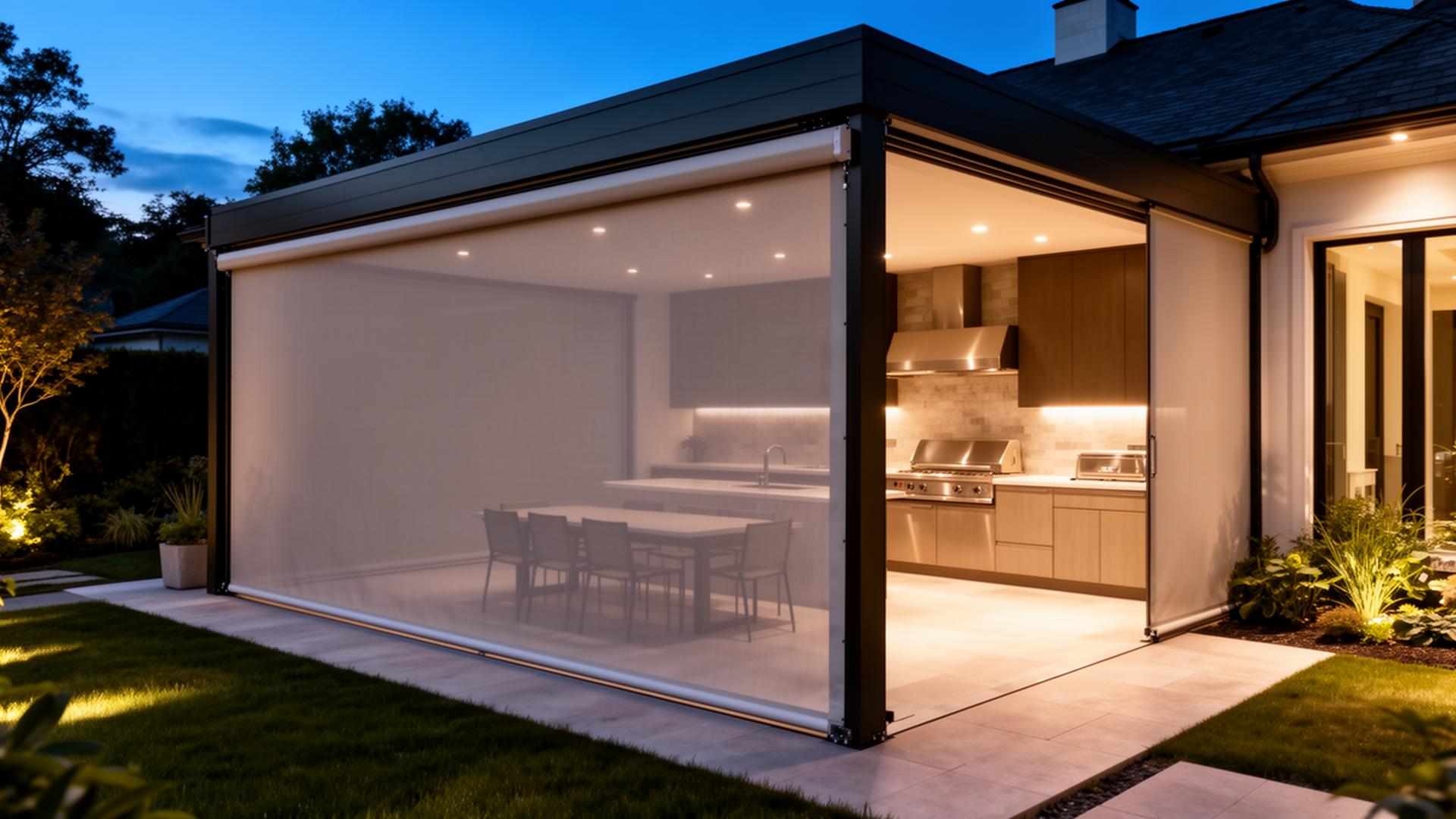 Motorized screen enclosing a modern outdoor kitchen at twilight