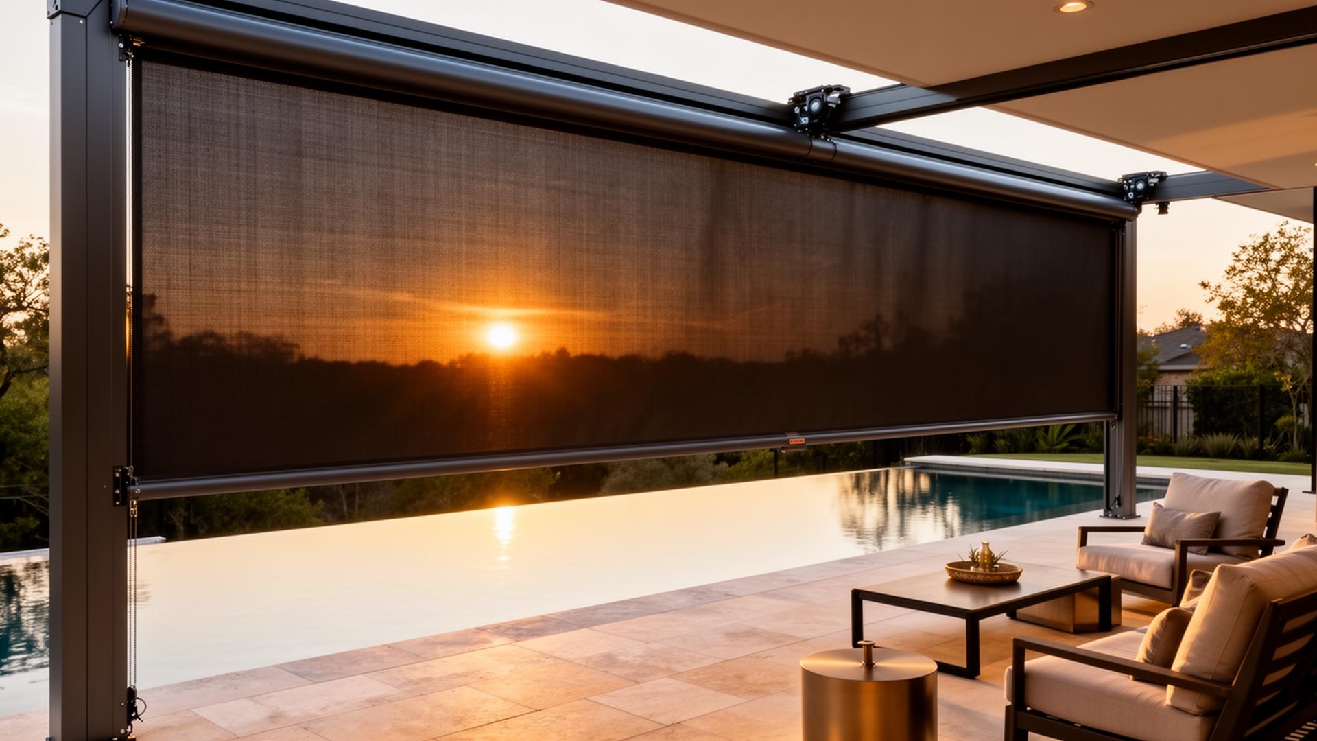 Motorized zip-track screen lowered over a pool patio at sunset