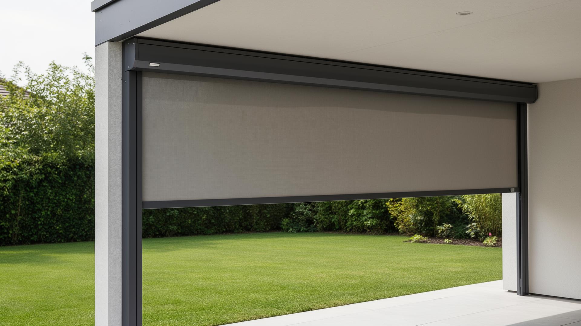 Detail of slim charcoal headbox and side track on a covered patio