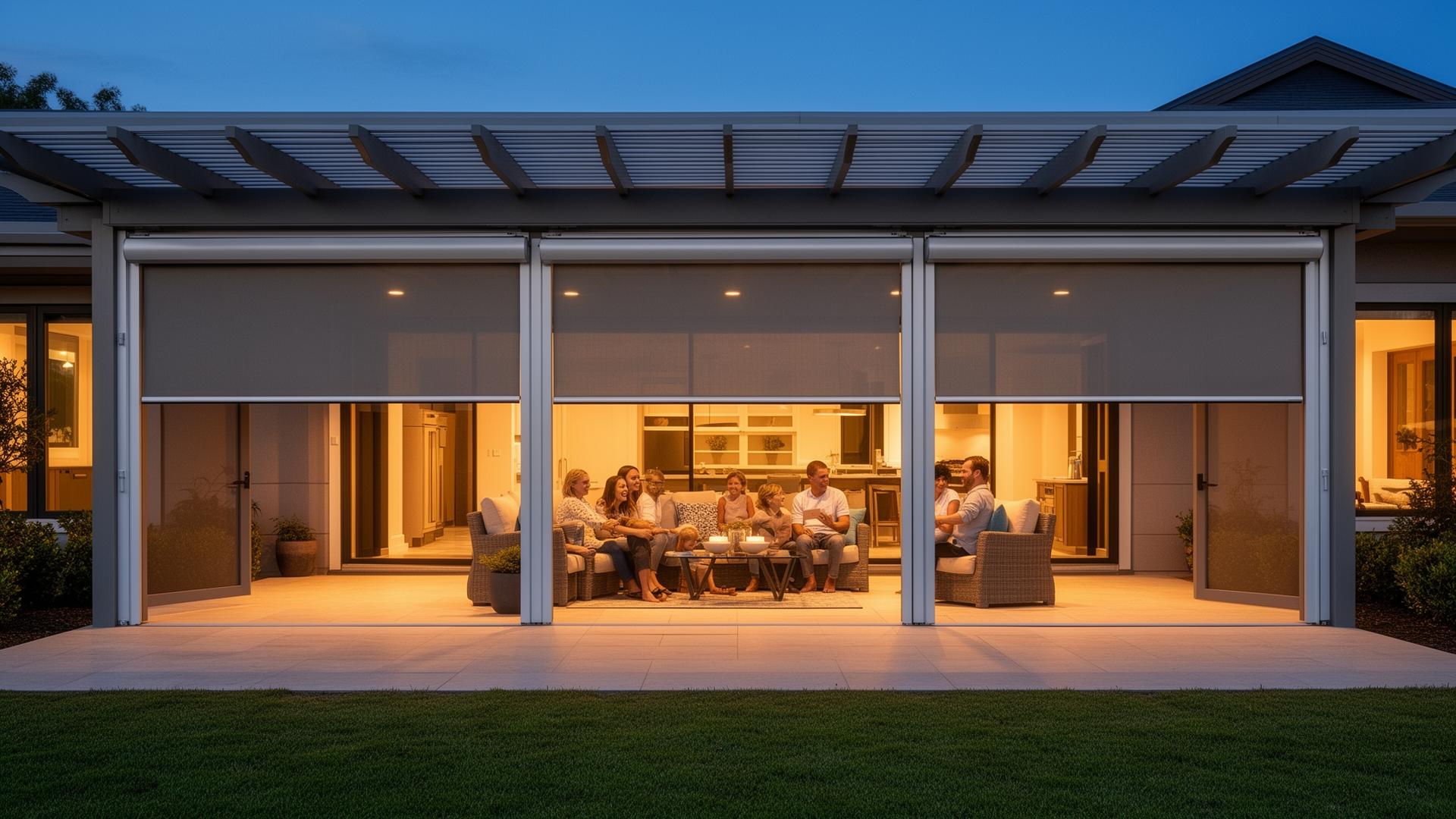 Row of motorized patio screens enclosing a covered patio at dusk