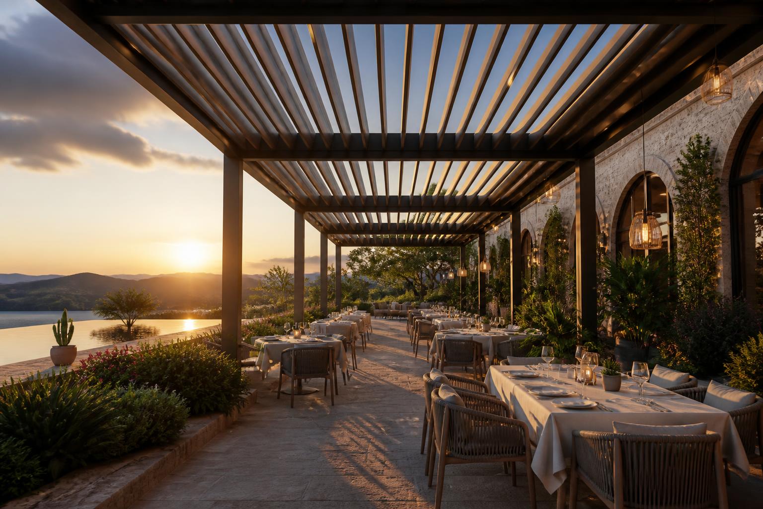 Aluminum louvered pergola roof above a hospitality dining patio — commercial-scale install