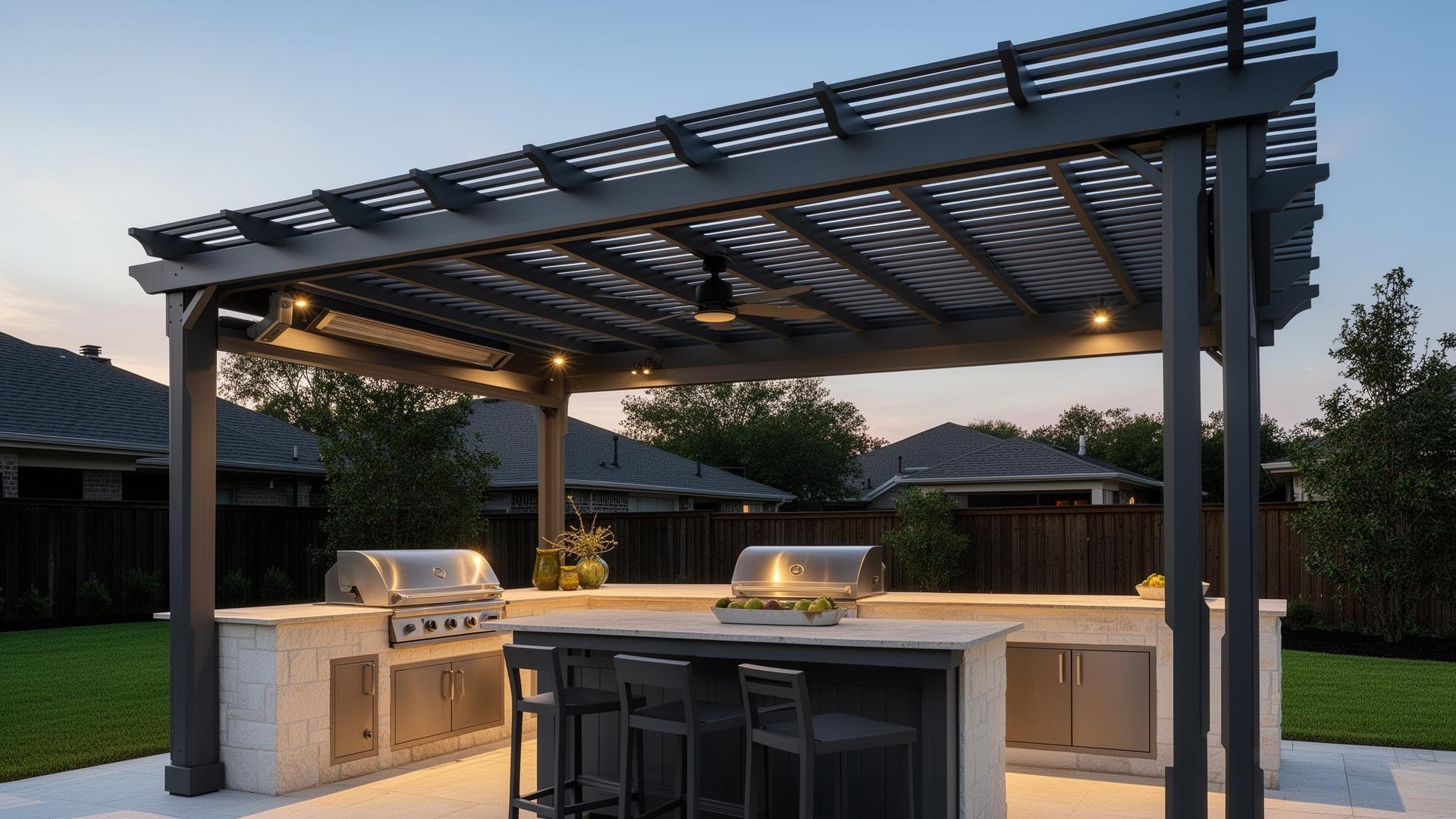 Outdoor Kitchen Meridian — Cypress · Bridgeland louvered pergola installation by Your Door LLC