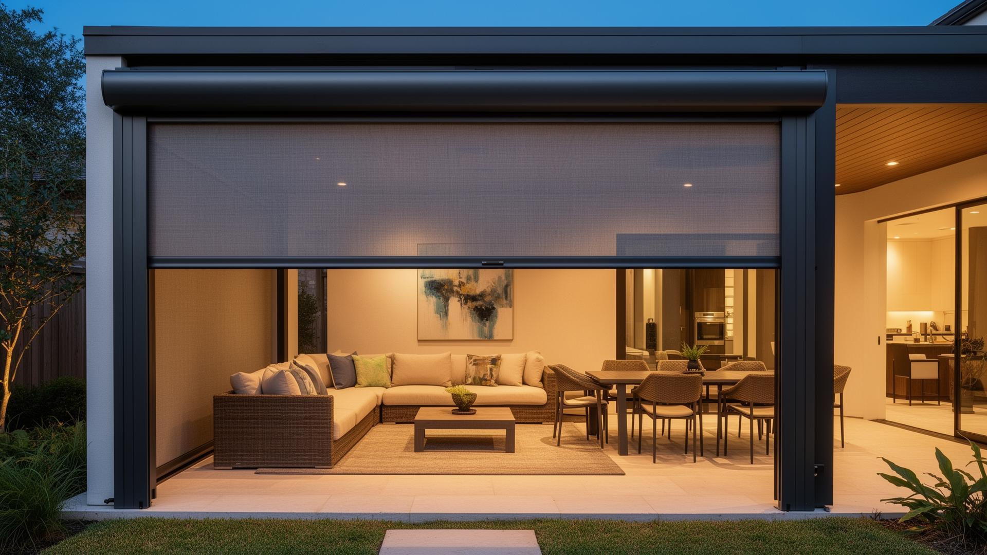 Motorized exterior patio screen enclosing a covered deck in Houston