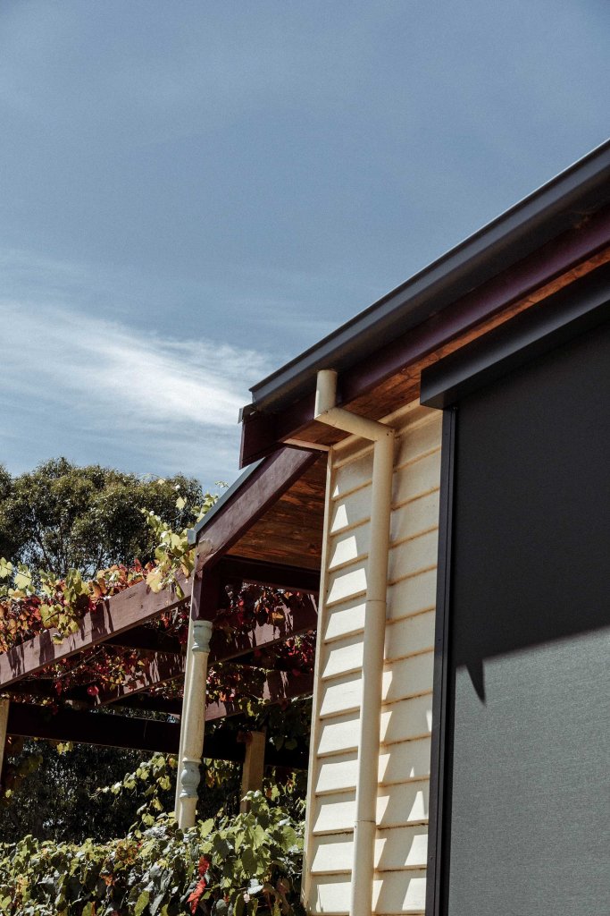 Charcoal motorized zip-track screen tucked against a weatherboard gable beside a vine-covered pergola
