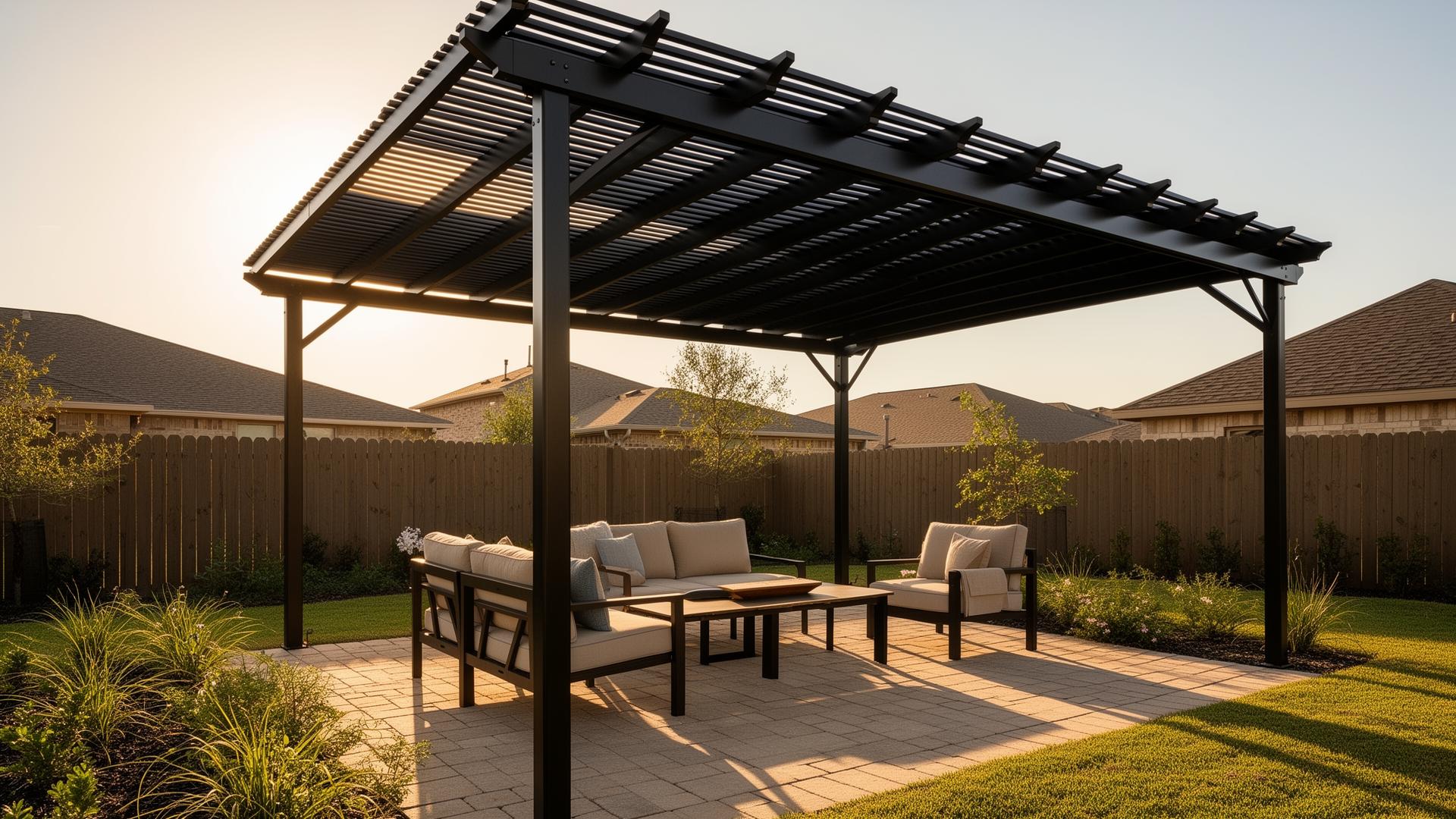 Single-Bay Lumen Retrofit — Pearland · Shadow Creek louvered pergola installation by Your Door LLC