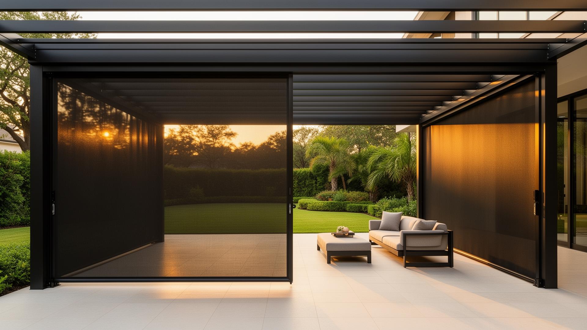 Motorized zip-track patio screen installed on a covered patio