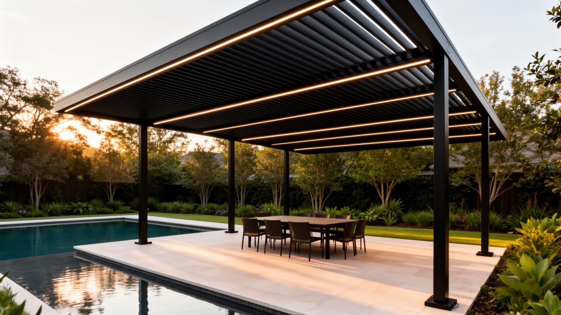 Poolside Meridian Cover — Katy · Cinco Ranch louvered pergola installation by Your Door LLC