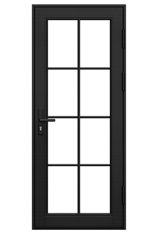 Matte black aluminum divided-lite pivot entry door installation in Memorial Houston