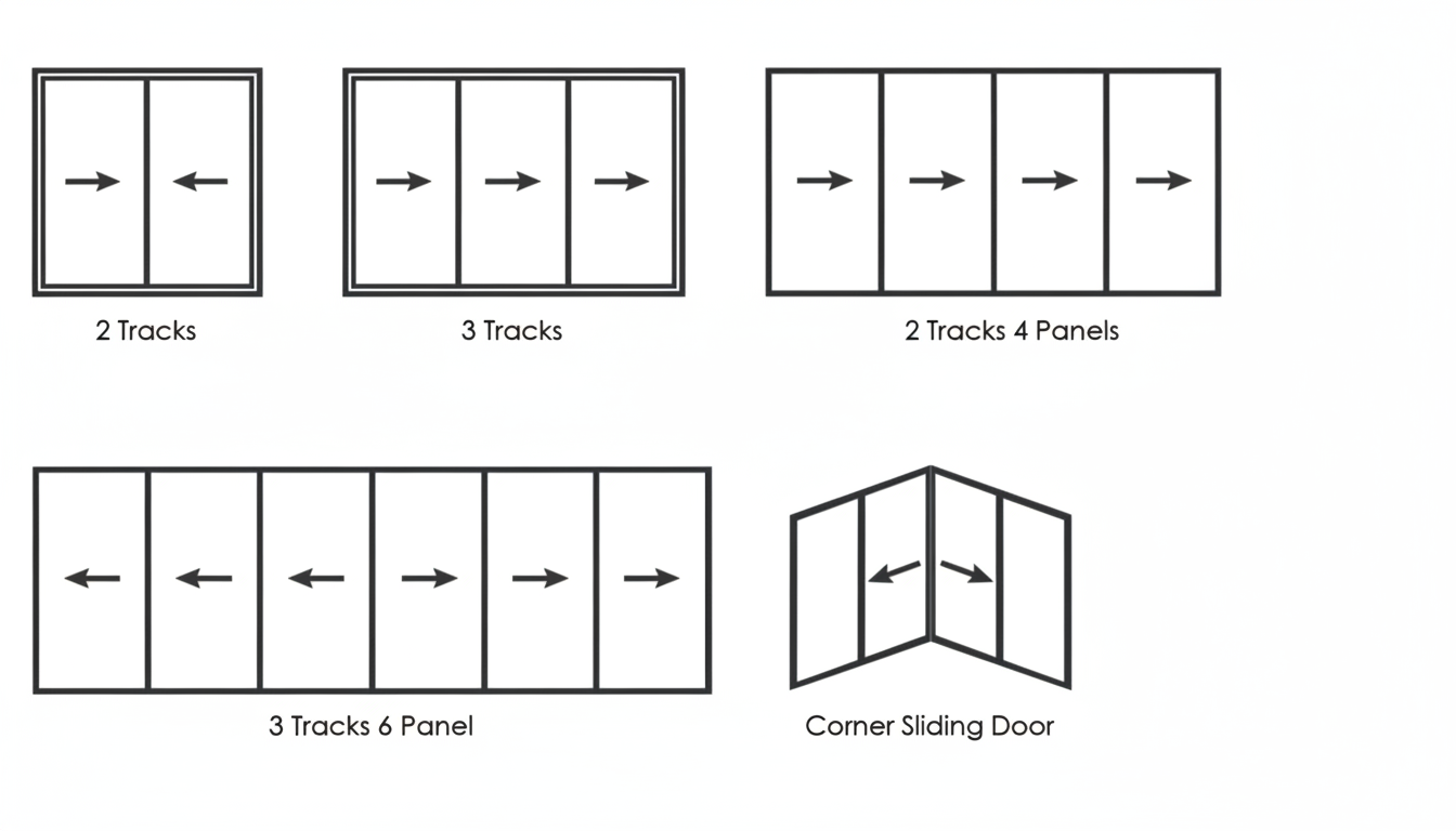 Sliding door configuration options: 2 Tracks, 3 Tracks, 4 Tracks, 2 Tracks 4 Panels, 3 Tracks 6 Panel, Corner Sliding Door