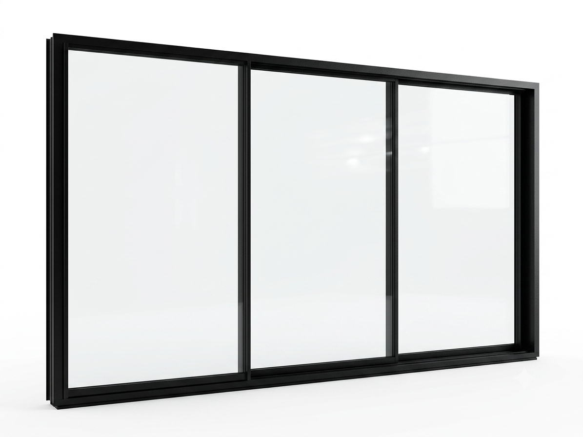 Three-panel black aluminum sliding door — angled view showing slim frame depth