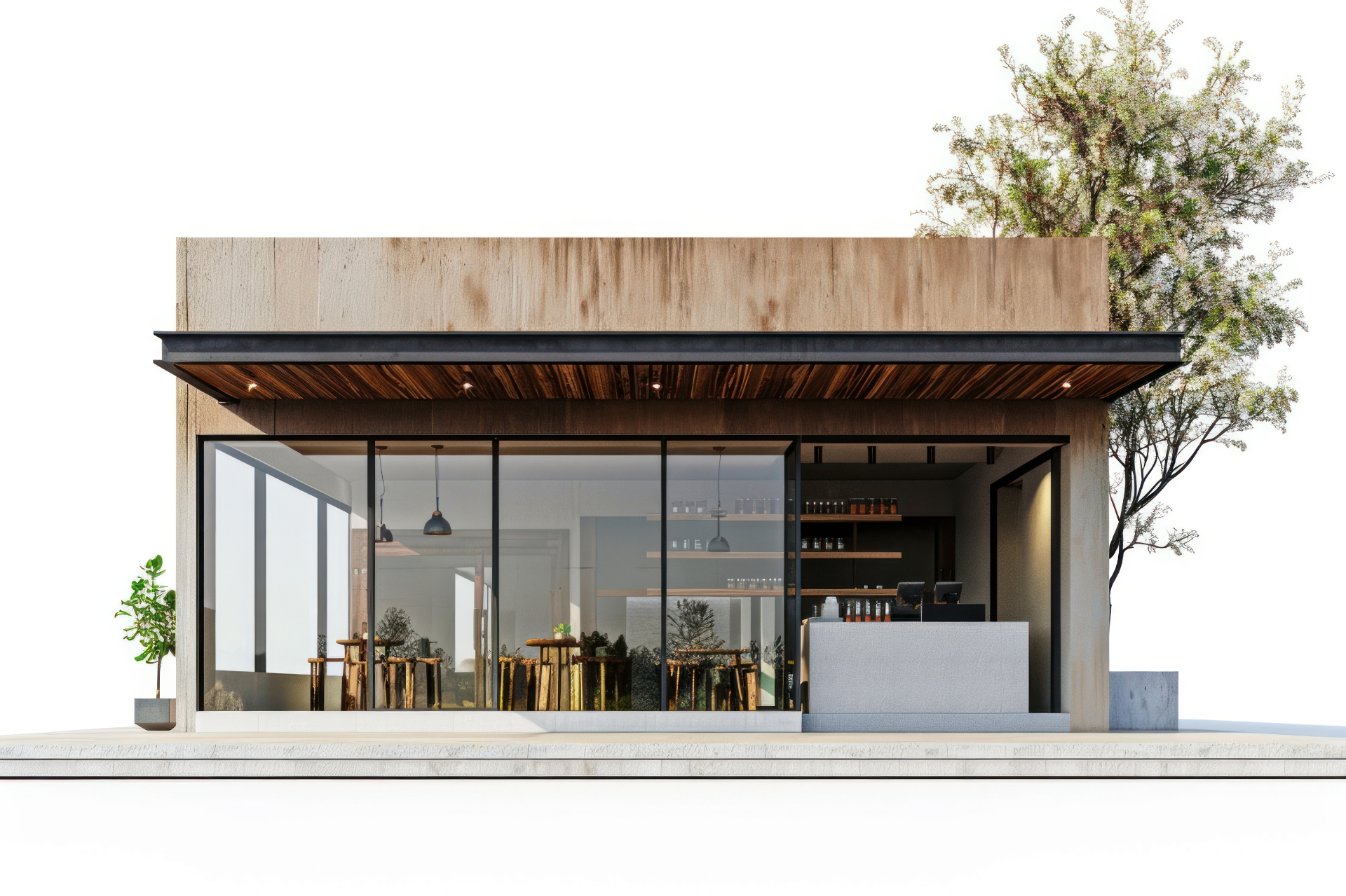 Aluminum picture windows on a modern café storefront