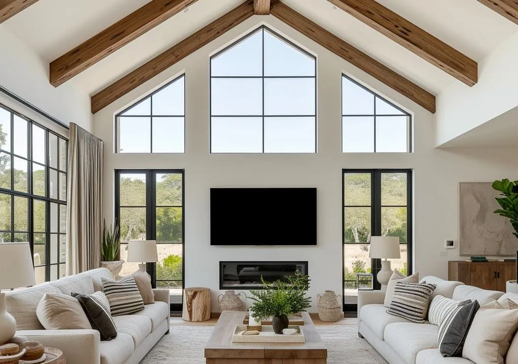 Multi-pane aluminum windows in open-plan living room