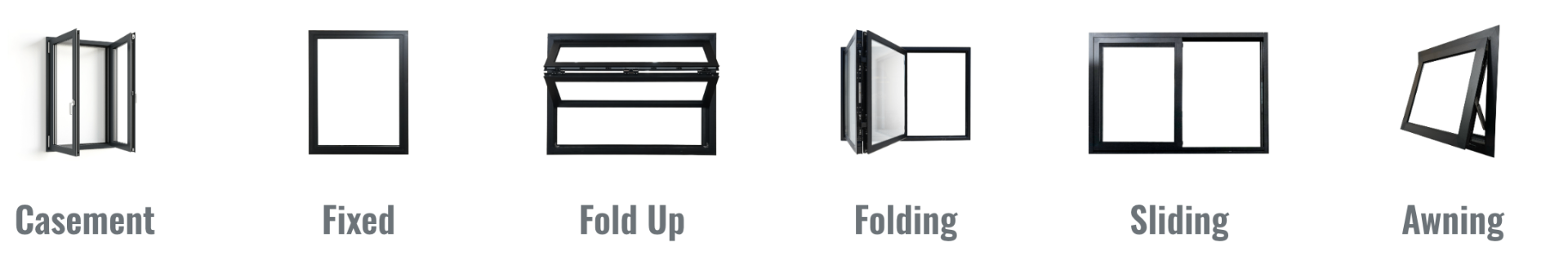 Window types — Casement, Fixed, Fold Up, Folding, Sliding, Awning